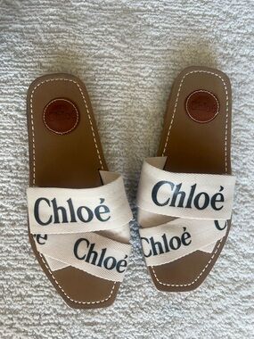 Beige Logo Ribbon Slide Sandals